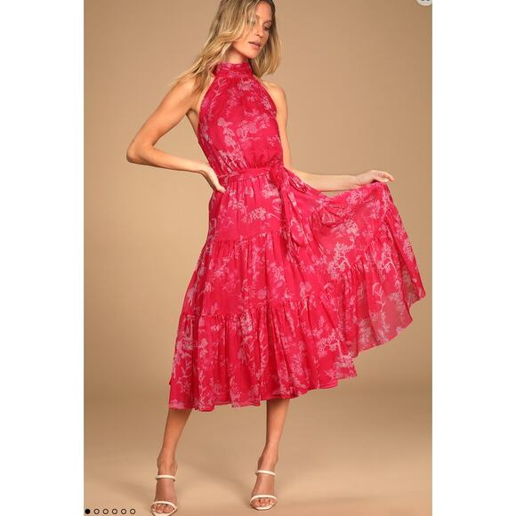 Lulu's Float to You Hot Pink Floral Print Halter-Neck Tiered Midi Dress - Picture 1 of 14